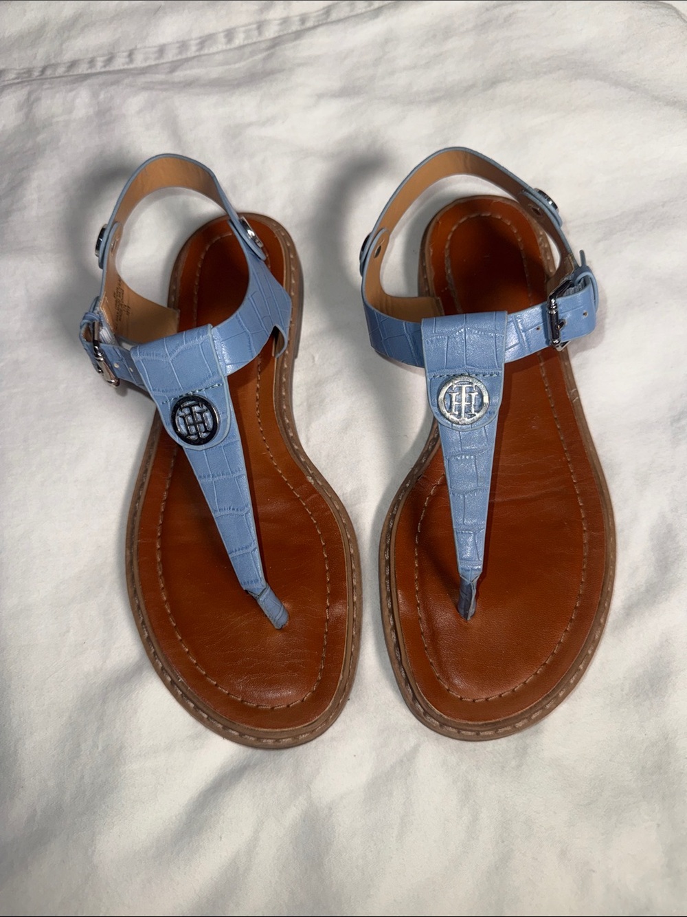 Tommy Hilfiger Light Blue T‑Strap Croc-Embossed Leather Sandals - Women’s Size 6